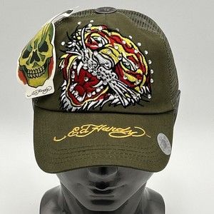 Don Ed Hardy Green Snapback Hat Embroidered Tiger Embellished with Rhinestones